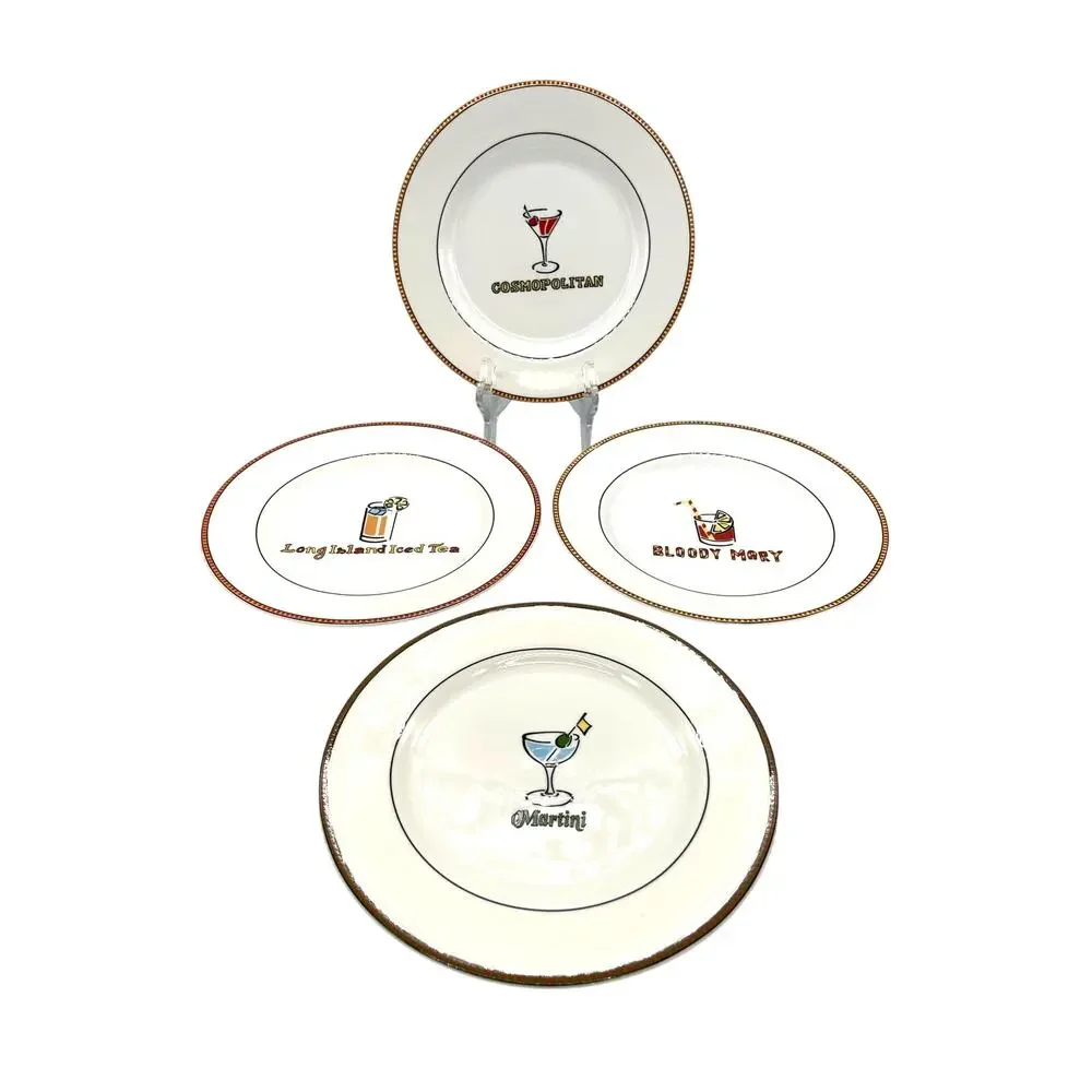 Ten Strawberry Street Set of 4 Tavern Cocktail Plates with Drink Recipes 7.75
